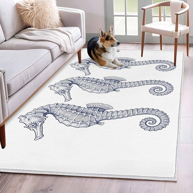 Area Rug 4x6ft, Summer Light Blue Seahorse Washable Rugs for Living Room Bedroom, Underwater Ocean Animals Soft Non-Slip Area Rugs Rectangle Floor Carpet for Dining Room