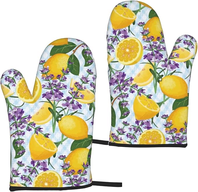 Lemon Lavender Oven Mitts of 2-Pack Set, Funny Kitchen Gloves Heat Resistant Non-Slip Kitchen Mitts Safe Cooking Baking Grilling