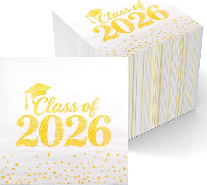 Graduation Napkins - Class of 2026 Napkins Disposable Paper Napkins Congrats Grad Cocktail Napkins Graduation Decorations 2026 Gold Napkins Hand Towels for College Graduation Party Decorations 100 Pcs
