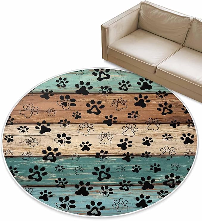 Round Area Rug,Dog Paw Farm Brown Wood Board Circle Living Room Rug Non-Slip Rugs Indoor Carpet,Animal Footprint Retro Wooden Soft Comfort Rugs for Bedroom KidsRoom Nursery