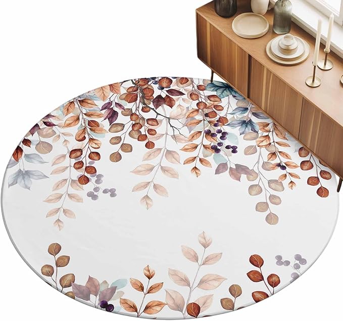 Washable Round Area Rug Fall Orange Watercolor Eucalyptus Leaves Circle Rugs Floor Carpet for Living Room Bedroom, Fallen Leaf on White Soft Non Slip Round Rug 5ft