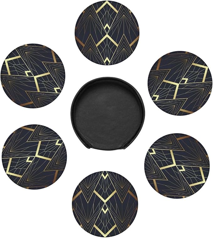 Abstract Art Deco Leather Drinks Coasters with Holder, Set of 6, Suitable for Various Cups