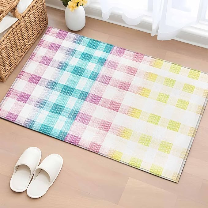 Area Rug 2x3ft, Easter Red Yellow Blue Stripes Washable Rugs for Living Room Bedroom, Abstract Buffalo Plaid Soft Non-Slip Area Rugs Rectangle Floor Carpet for Dining Room