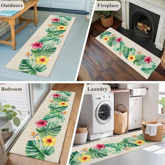 Runner Rug for Bedroom Hallway, Country Monstera Hibiscus Foliage Kitchen Runner Rugs Area Rug 2x6ft, Tropical Plant Vintage Linen Washable Soft Floor Carpet for Entryway Stair