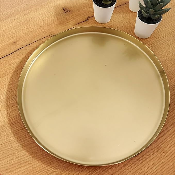 Enliven Gold Round Tray 12 Inch Brass Serving Platter | Hammered Metal Decorative Plate for Coffee Table, Bar, Kitchen, Bathroom & Display