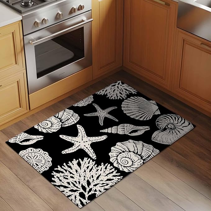 Area Rug 2x3ft, Marine Starfish Shell Conch Washable Rugs for Living Room Bedroom, Ocean Life on Black Soft Non-Slip Area Rugs Rectangle Floor Carpet for Dining Room