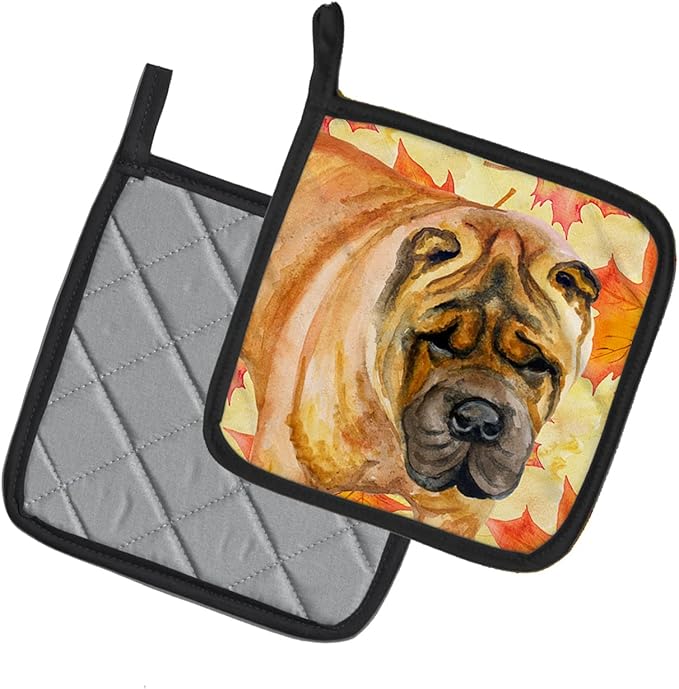 Caroline's Treasures BB9922PTHD Shar Pei Fall Pair of Pot Holders, Yellow Kitchen Heat Resistant Pot Holders Sets Oven Hot Pads for Cooking Baking BBQ, 7 1/2 x 7 1/2