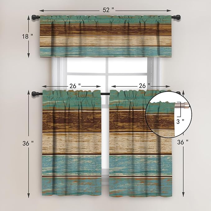 MCALK Teal and Brown Blackout Kitchen Curtains Tiers and Valances for Windows, Farmhouse Kitchen Window Curtains, Wooden Texture Valances for Living Room (36" Tiers Set)