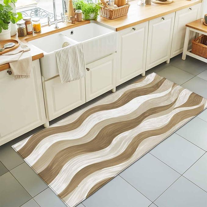 Runner Rug for Bedroom Hallway, Modern Brown Ombre Ocean Wave Kitchen Runner Rugs Area Rug 2x6ft, Abstract Gradient Stripe Washable Soft Floor Carpet for Entryway Stair