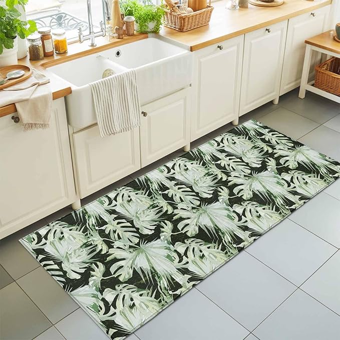 Runner Rug for Bedroom Hallway, Abstract Dark Green Palm Leaves Kitchen Runner Rugs Area Rug 2x6ft, Watercolor Plants Washable Soft Floor Carpet for Entryway Stair