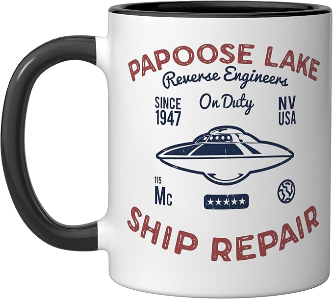 Flying Saucer Papoose Lake Ship Repair Funny UFO Ceramic Mug, Black/White