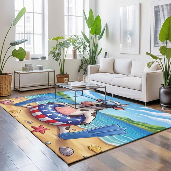 Area Rug 9x12ft, Summer Beach Snorkeling Cow Washable Rugs for Living Room Bedroom Rectangle Floor Carpet, Ocean Starfish Funny Animal Art Soft Non-Slip Area Rugs for Dining Room