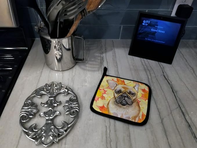 Caroline's Treasures BB9949PTHD French Bulldog Fall Pair of Pot Holders, Yellow Kitchen Heat Resistant Pot Holders Sets Oven Hot Pads for Cooking Baking BBQ, 7 1/2 x 7 1/2