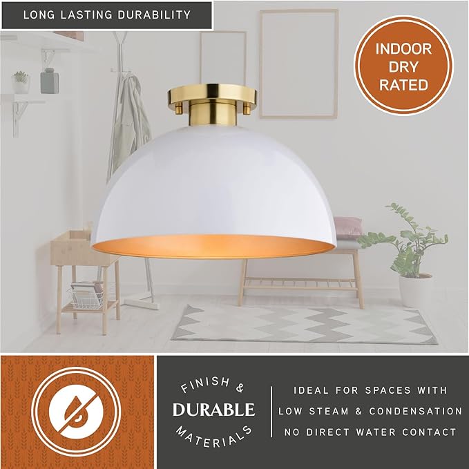 VAXCEL Devon 12.75-in W LED Compatible Glossy White and Gold Satin Brass Mid-Century Modern Semi Flush Mount Ceiling Light