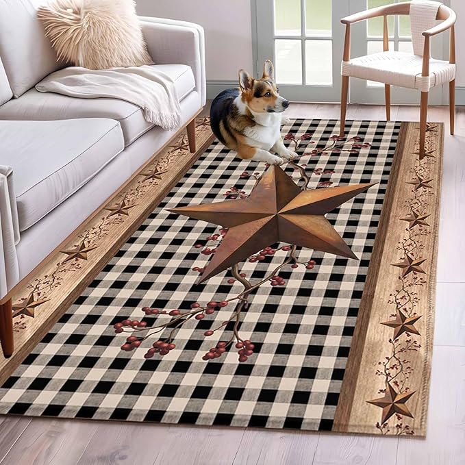 Brown Texas Star Retro 2.7x5 Area Rugs, Country Star Non-Skid Rubber Backing Large Rectangle Rugs - Living Room Bedroom Home Office, Black White Plaid Wooden Indoor Floor Mat Carpets Washable Rug
