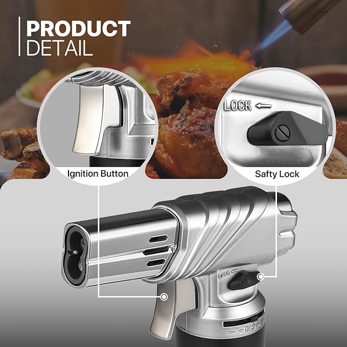 mollie Mini Butane Torch Lighter with Adjustable Flame, Small Refillable Kitchen Cooking Blow Torch for Creme Brulee, Windproof Baking Torch with Safety Lock, Silver 2-Pack (Butane Gas Not Included)