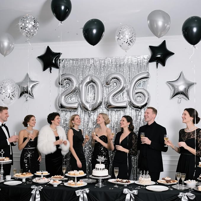 JOJO FLY New Years Eve Party Decorations Kit, Silver 2026 Balloons, Black and Silver Balloons Set, Silver Foil Curtain, Graduation Decorations, New Years Eve Party Supplies 2026