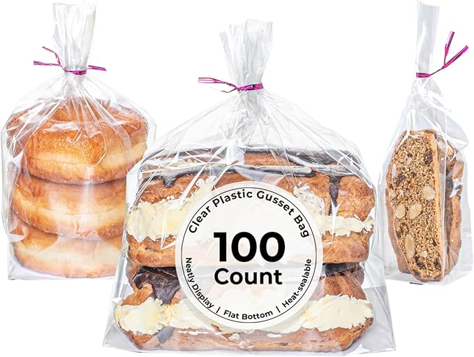 Restaurantware Flat Bottom Heat Seal Sandwich Bags Heat Sealable Food Bags - Gusset Bag with Paper Insert - Clear - 7 x 4 x 9 Inch - 100ct Box - Bag Tek