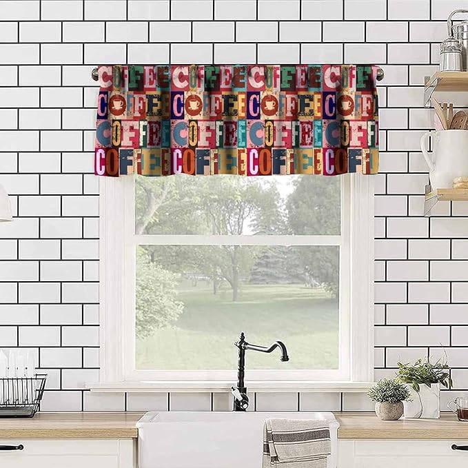 Retro Coffee Window Valance, Vintage Colorful Coffee Rustic Short Window Treatment for Cafe Kitchen Bedroom Living Room, 54x18Inch