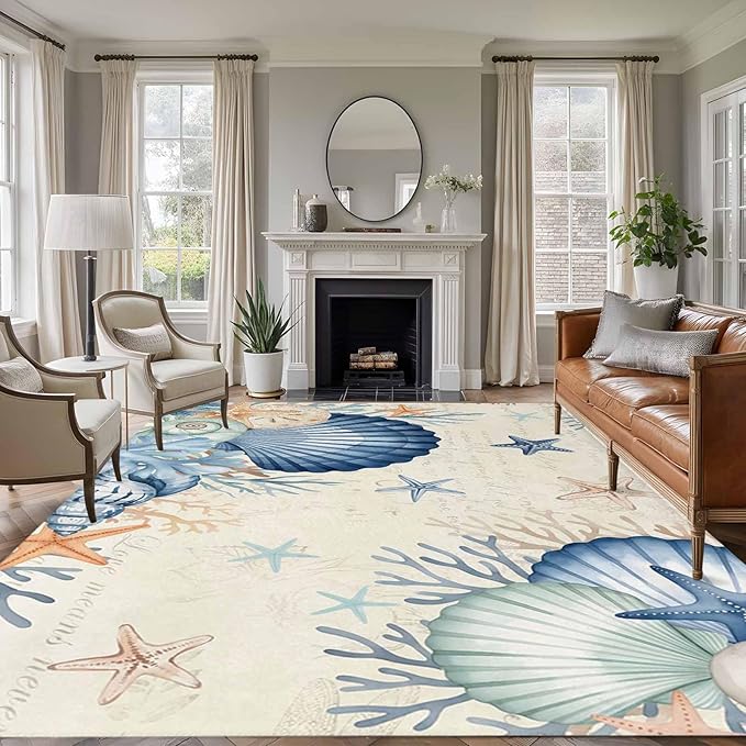 Area Rug 6x9ft, Summer Blue Shells Starfish Washable Rugs for Living Room Bedroom, Vintage Coral Shells Fish Soft Non-Slip Area Rugs Rectangle Floor Carpet for Dining Room