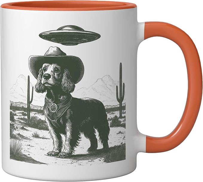 Funny Cowboy Dog UFO Alien Desert Cactus Western Canine Ceramic Mug, Orange/White