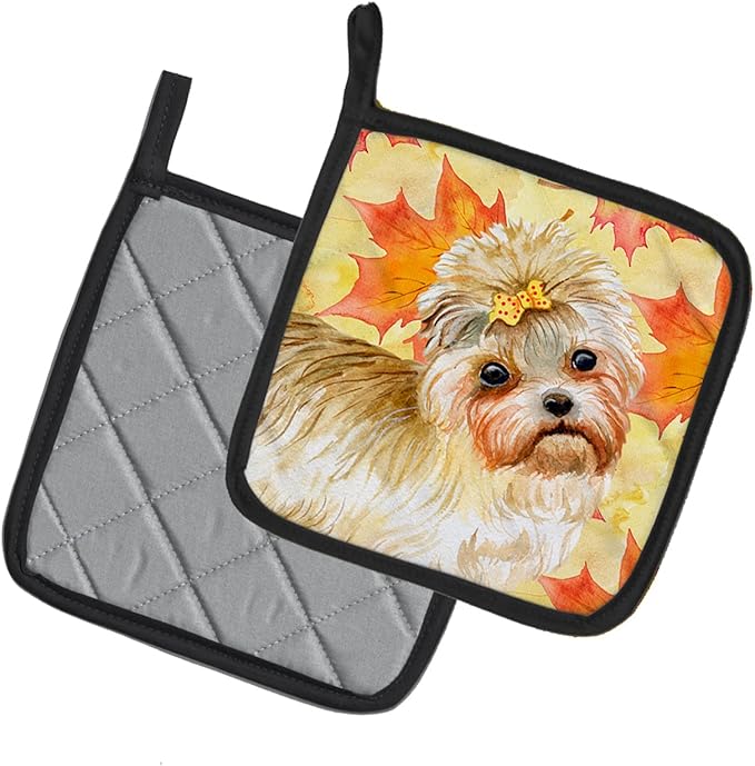 Caroline's Treasures BB9929PTHD Morkie Fall Pair of Pot Holders, Yellow Kitchen Heat Resistant Pot Holders Sets Oven Hot Pads for Cooking Baking BBQ, 7 1/2 x 7 1/2