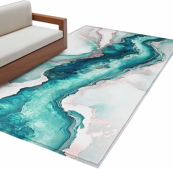 Area Rug 3x5ft, Abstract Blue Marble Texture Washable Rugs for Living Room Bedroom, Modern Luxury Pattern Soft Non-Slip Area Rugs Rectangle Floor Carpet for Dining Room