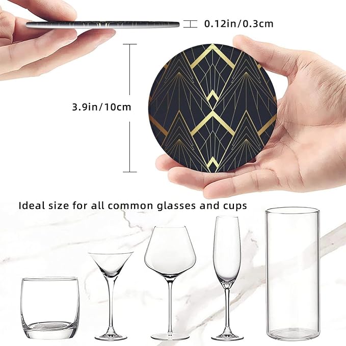 Abstract Art Deco Leather Drinks Coasters with Holder, Set of 6, Suitable for Various Cups
