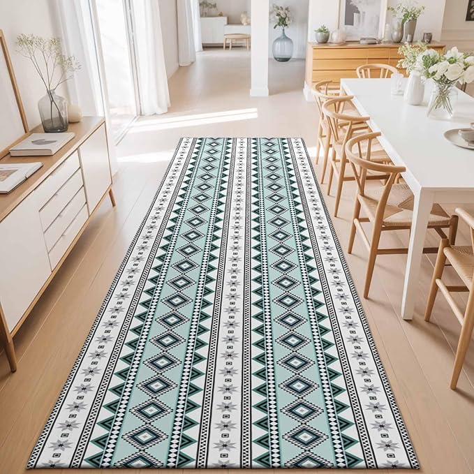 Runner Rug for Bedroom Hallway, Boho Diamond Pattern Kitchen Runner Rugs Area Rug 2x6ft, Ethnic Style Blue Strips Washable Soft Floor Carpet for Entryway Stair