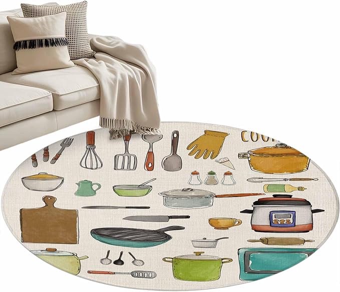 Cooking Kitchenware Kitchen Tool Pattern Round Rugs 3.3ft for Living Room Washable Circle Rug Non-Slip Carpet Soft Mat for Bedroom Dining Room Bathroom Home Holiday Decorations Indoor