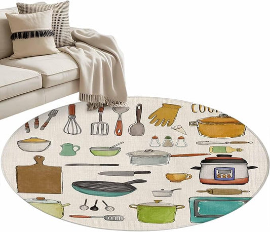 Cooking Kitchenware Kitchen Tool Pattern Round Rugs 3.3ft for Living Room Washable Circle Rug Non-Slip Carpet Soft Mat for Bedroom Dining Room Bathroom Home Holiday Decorations Indoor