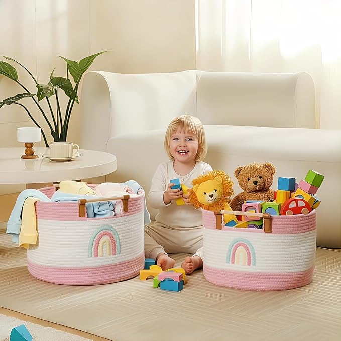 Toy Storage Bin Box for Kids Stuffed Animal Storage Basket for Blanket Baskets Living Room Cotton Rope Woven Baskets for Babies Toddlers Laundry Hamper for Nursery Play Room, Girls Gift Baskets Empty