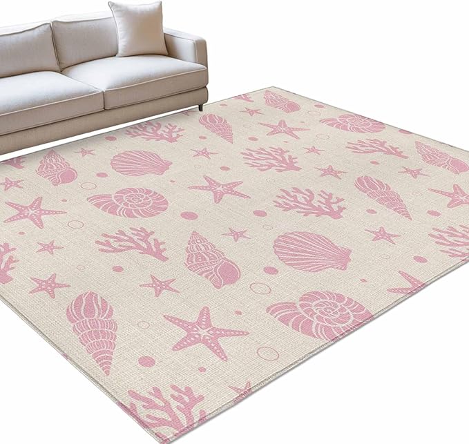 Area Rug 4x6ft, Ocean Pink Shell Coral Conch Washable Rugs for Living Room Bedroom, Marine Starfish on Farm Burlap Soft Non-Slip Area Rugs Rectangle Floor Carpet for Dining Room