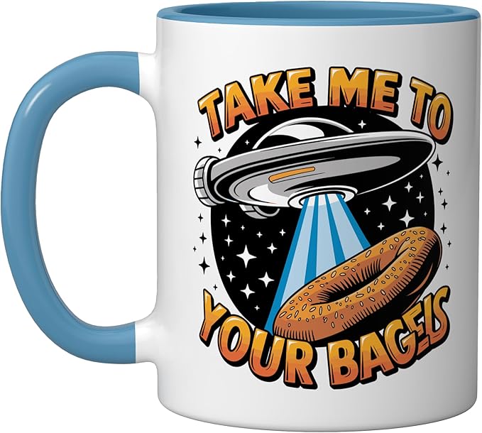 Take Me to Your Bagels UFO Abduction Jewish Funny Bagel Ceramic Mug, Blue/White