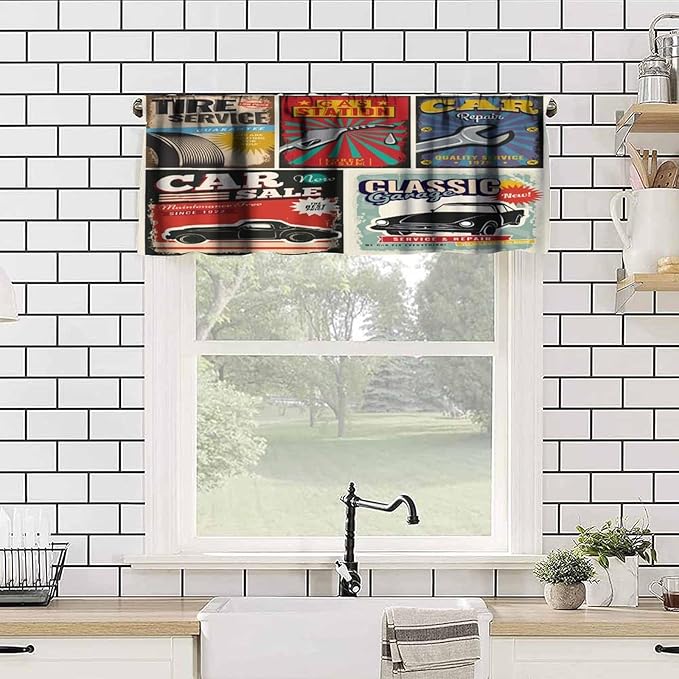 Vintage Car Signs Valance Curtain Retro Automobile Advertising Repair Vehicle Garage Servicing Rod Pocket Valance Window Treatments Short Curtains for Kitchen Bathroom 54x18inch