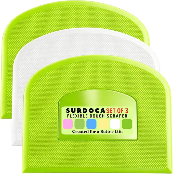 SURDOCA Dough Scraper Bench Scraper - 3P 11.8x7.3" Plastic Flexible Bowl Scraper, Sharp Edge & Angles Cake Scraper. Non-Slip Bakeware Decorating Tools Sculpting & Modeling Tools - Green+White+Green