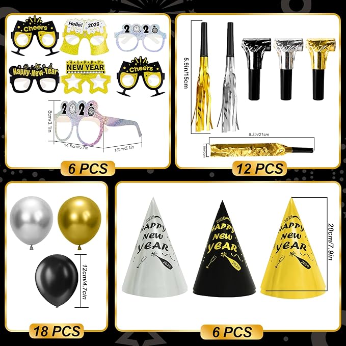 New Years Eve Party Supplies 2026 for 12, New Years Eve Party Decorations, 6 Hat, 6 Glasses, 12 blowouts, 6 Table Centerpiece, 2 Foil Fringe Curtains, 18 Balloons, Great NYE Decorations Pack