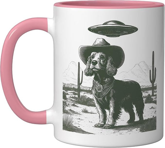 Funny Cowboy Dog UFO Alien Desert Cactus Western Canine Ceramic Mug, Pink/White
