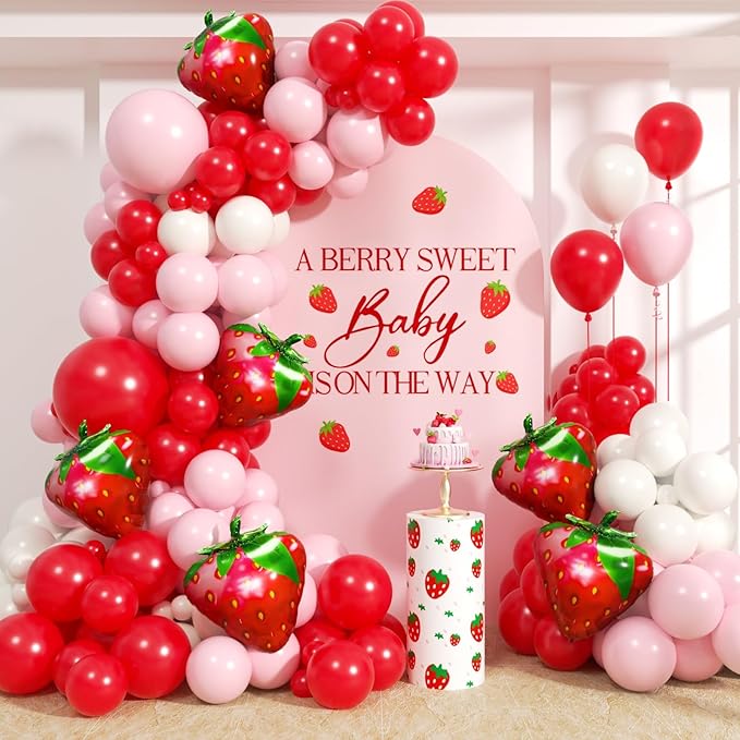 Strawberry Balloons Garland Arch Kit - 153Pcs Different Size Red and Pink Balloons for Girls Sweet One Berry First Birthday Baby Shower Valentine's Day Strawberry Party Decorations