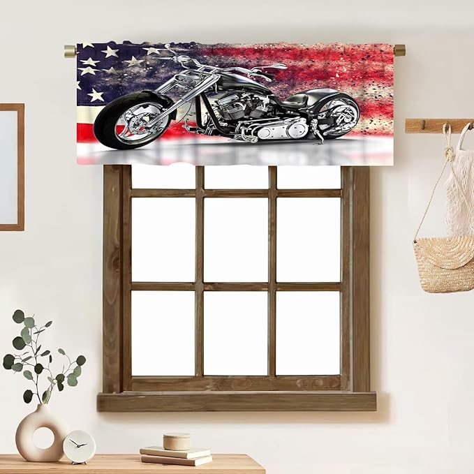 Motorcycle Valance Curtain Black Motorcycle American Flag Background Rod Pocket Valance Window Treatments Short Curtains for Kitchen Bathroom Farmhouse Living Room Decor 54x18inch