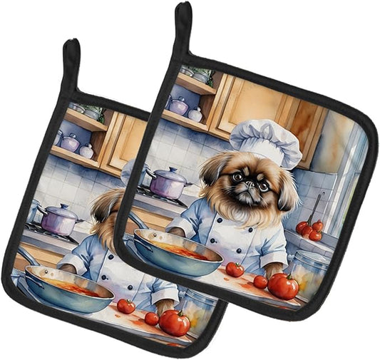Caroline's Treasures Pekingese The Chef Pair of Pot Holders Kitchen Heat Resistant Pot Holders Sets Oven Hot Pads for Cooking Baking BBQ, 7 1/2 x 7 1/2
