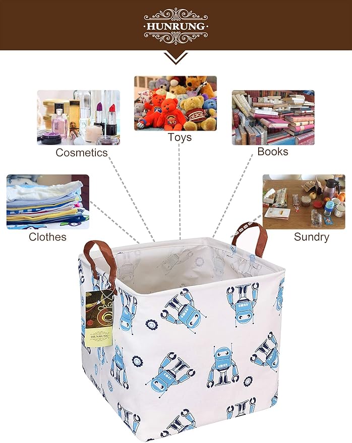 HUNRUNG Square Storage Bins Nursery Hamper Canvas Laundry Basket Foldable with Waterproof Nursery Boxes for Shelves/Gift Baskets/Toy Organizer/Office, Bedroom (Square-Blue robot)
