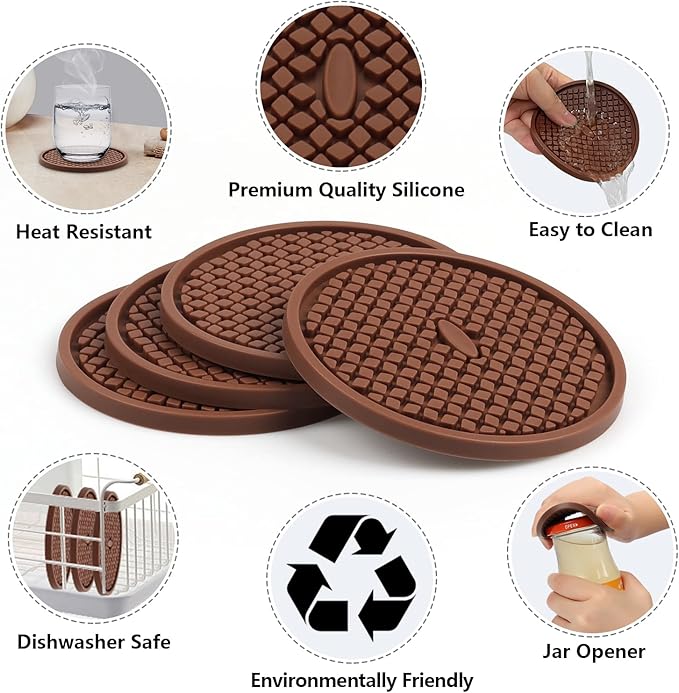 Silicone Coasters for Drinks, Non‑Slip Spill‑Proof Heat Resistant Coasters Set of 4, Reusable Washable Table Protection for Home Decor Kitchen Office, Bar(4Pack,Brown)