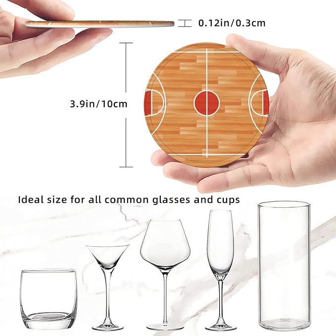 Basketball Court Leather Drinks Coasters with Holder, Set of 6, Suitable for Various Cups