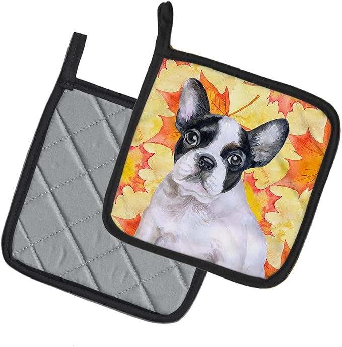 Caroline's Treasures BB9971PTHD French Bulldog Black White Fall Pair of Pot Holders, Yellow Kitchen Heat Resistant Pot Holders Sets Oven Hot Pads for Cooking Baking BBQ, 7 1/2 x 7 1/2