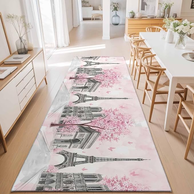 Runner Rug for Bedroom Hallway, Modern Pink Flower Paris Landmarks Kitchen Runner Rugs Area Rug 2x6ft, Towel Architecture Washable Soft Floor Carpet for Entryway Stair