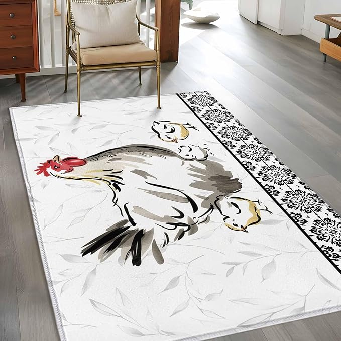 Area Rug 3x5ft, Country Farmhouse Rooster Washable Rugs for Living Room Bedroom, Watercolor Animal Flower Pattern Soft Non-Slip Area Rugs Rectangle Floor Carpet for Dining Room