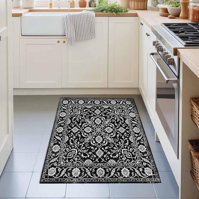 Area Rug 2x3ft, Paisley Vintage Black Floral Washable Rugs for Living Room Bedroom, Classic Flower Texture Soft Non-Slip Area Rugs Rectangle Floor Carpet for Dining Room