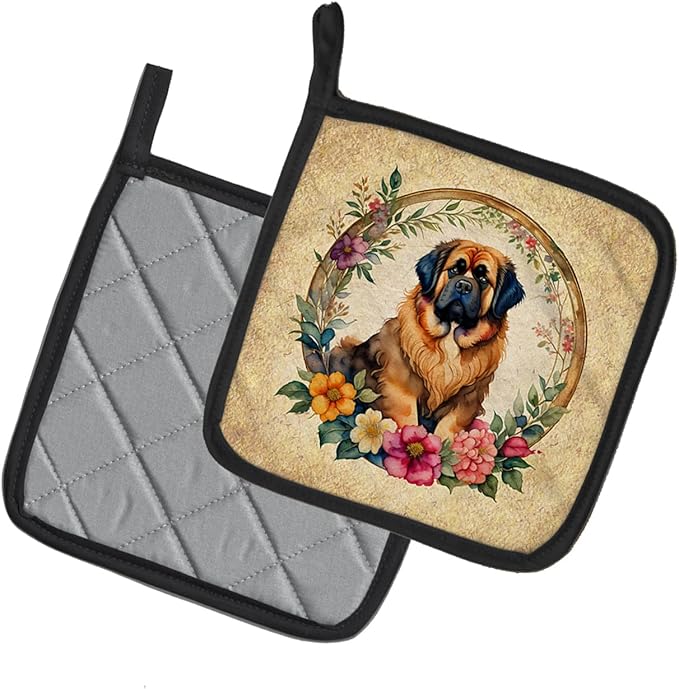 Caroline's Treasures Tibetan Mastiff and Flowers Pair of Pot Holders Kitchen Heat Resistant Pot Holders Sets Oven Hot Pads for Cooking Baking BBQ, 7 1/2 x 7 1/2