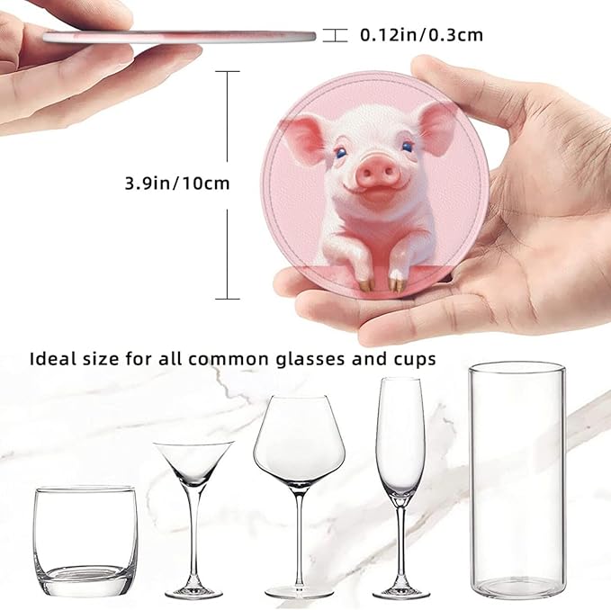 Famame 6 Pcs Pig Feet on Wall Leather Coasters for Drinks with Holder Coaster Sets Drink Table Cup Coasters for Living Room Kitchen Coffee Decor